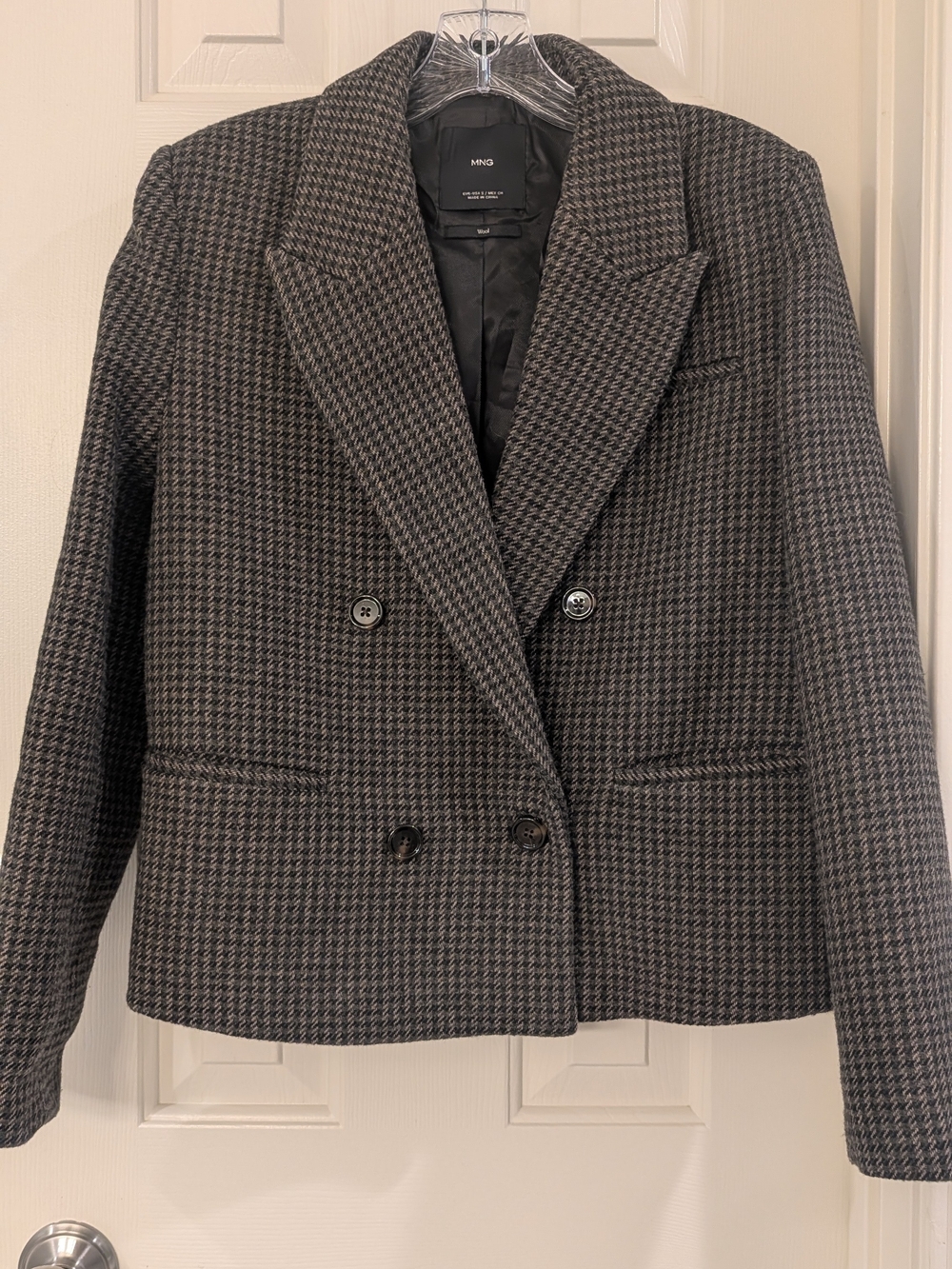 Mango Cropped Wool Blend Jacket Bluish Gray Green Houndstooth Size Small